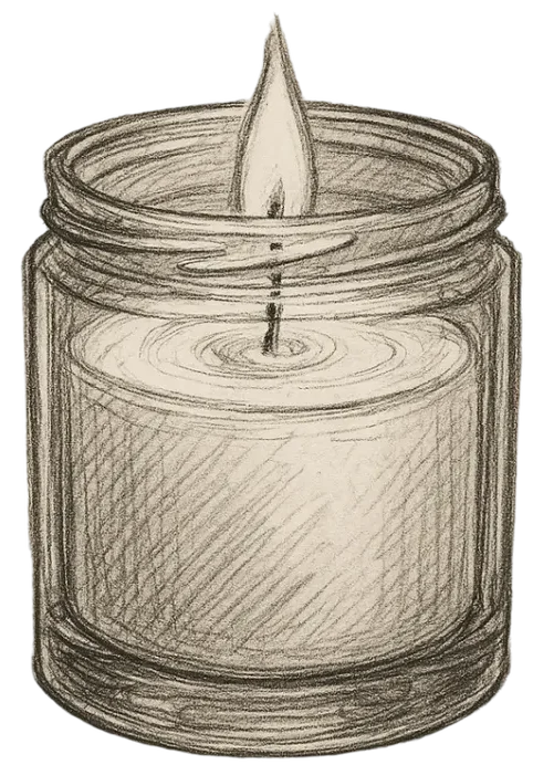 A pencil sketch of a round, lit candle in a glass jar