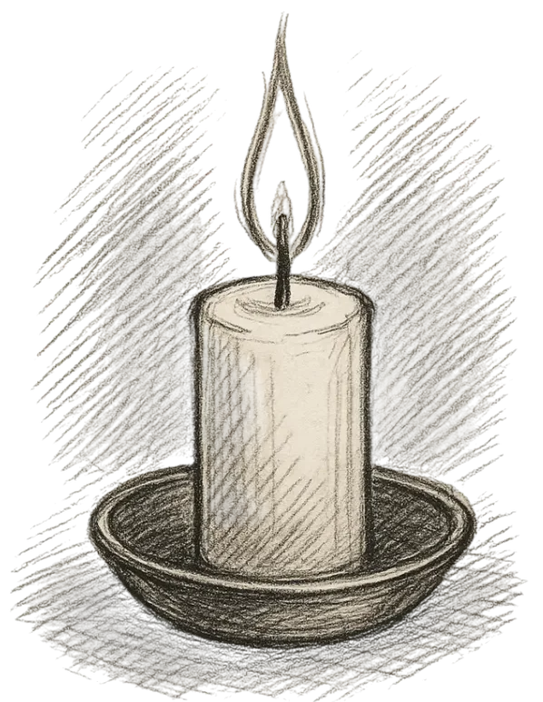 A pencil sketch of a round, lit candle