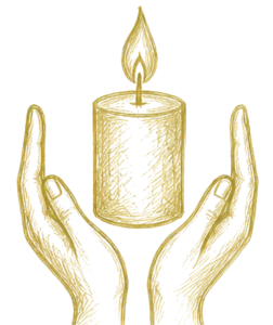 A drawing of a candle with 2 hands either side in gold
