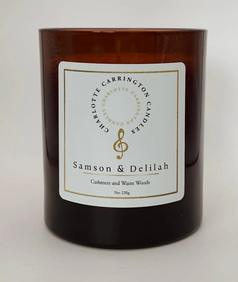The front label of the Samson and Delilah scented candle from Charlotte Carrington Candles